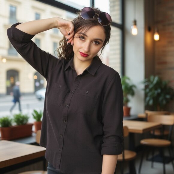 Gap Black Herringbone Long Sleeve Button Down Utility Shirt Ladies Med NWT Core - Picture 1 of 6